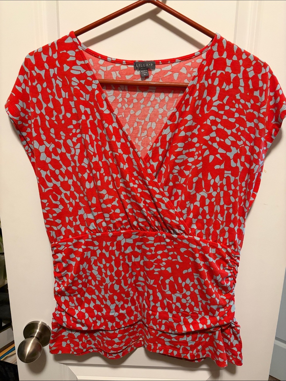 Ella Moss Red Printed Surplice Short Sleeve Top